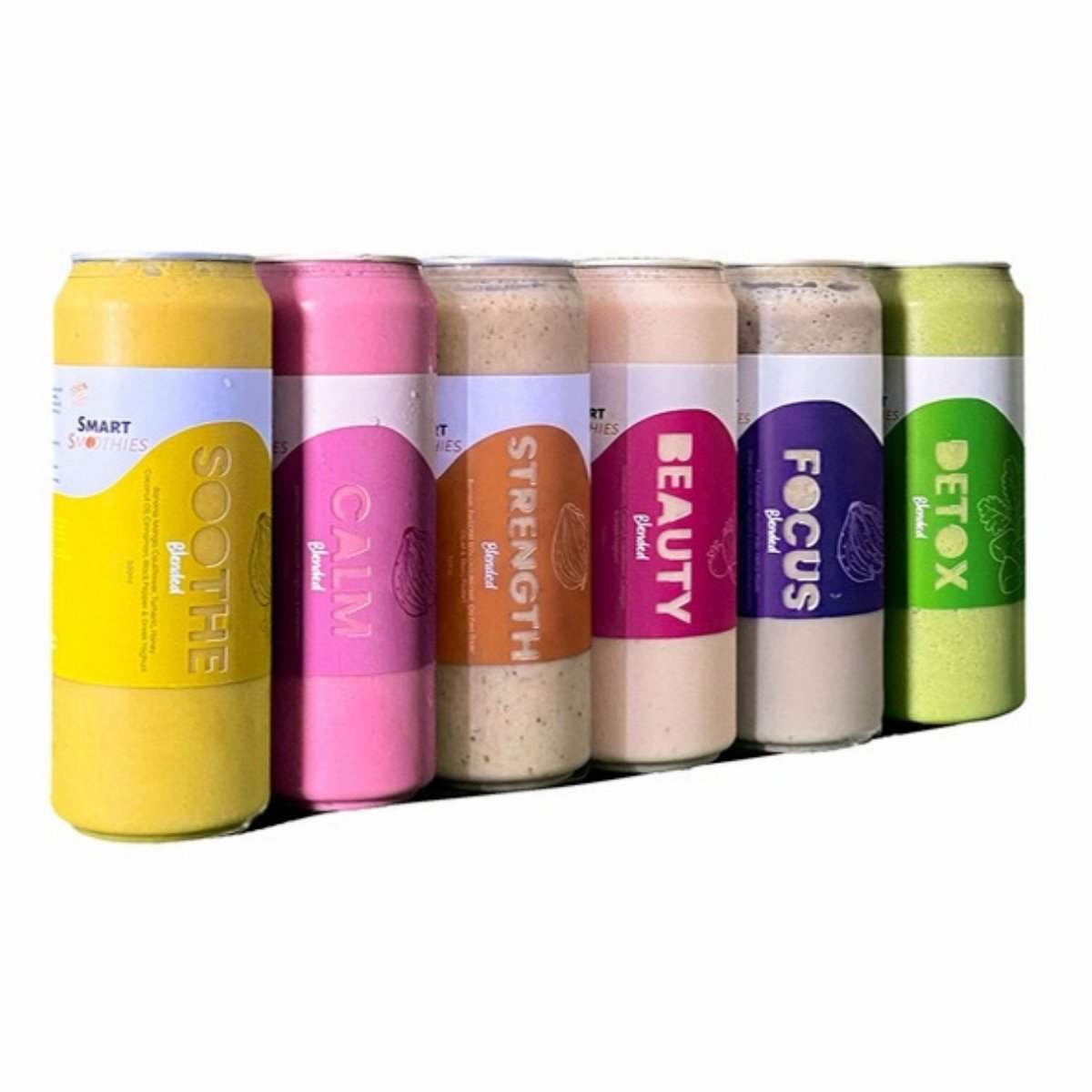 Smart Smoothies Mixed Box, all six blends in 500ml cans: Soothe, Calm, Strength, Beauty, Focus and Detox